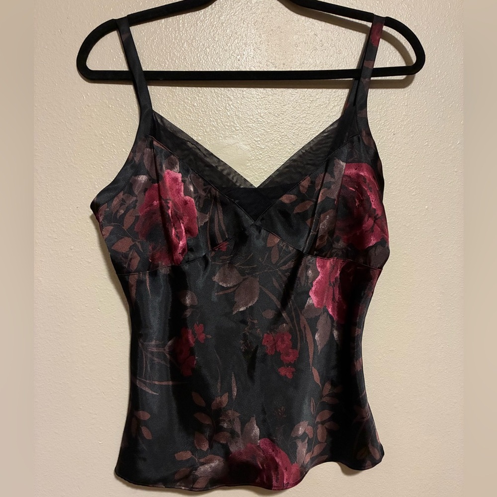 George Satin Cami, black and burgundy floral, Sz M(8-10), mesh detailing